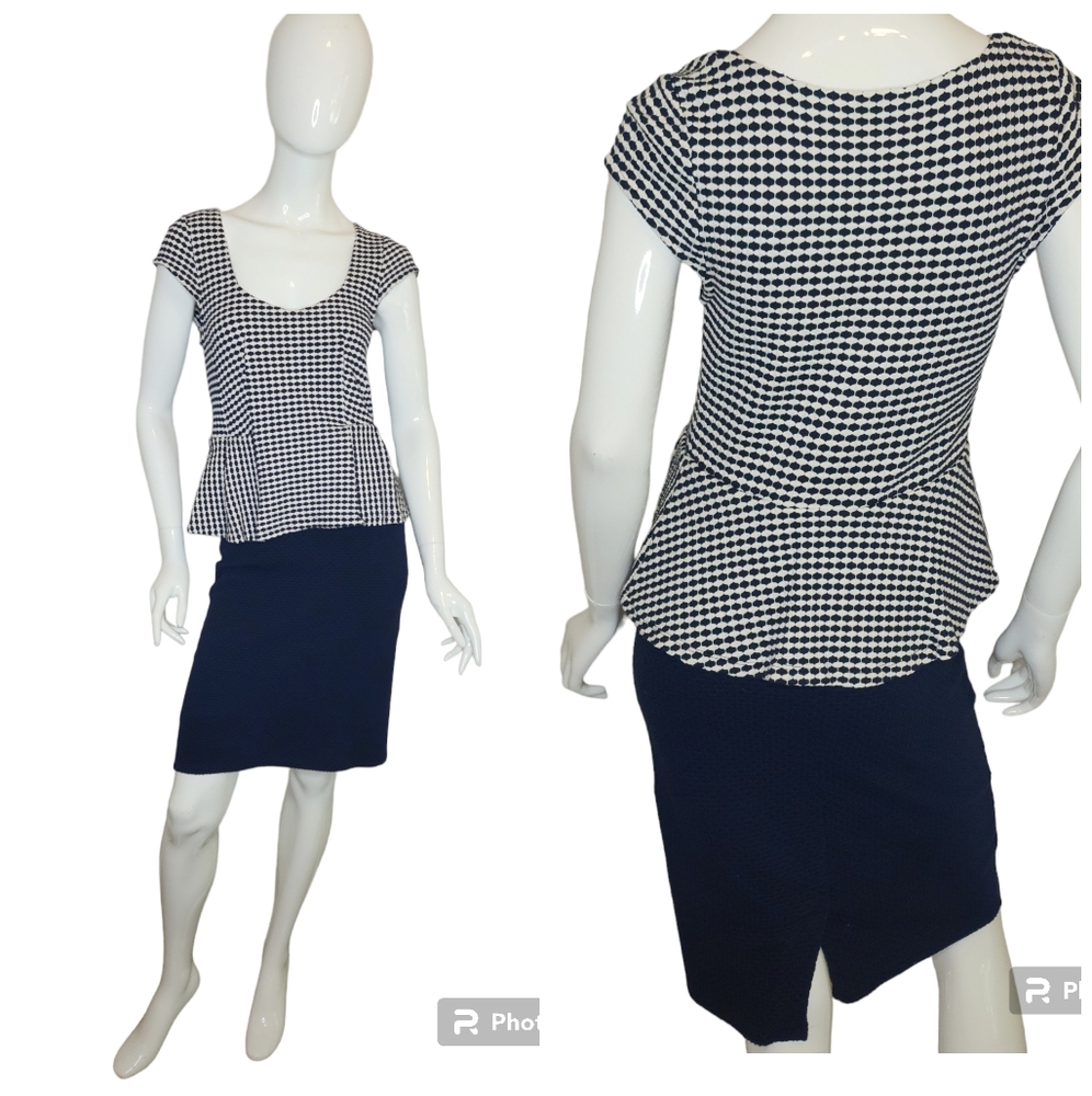 Anthropologie Post Tag Office Nautical Knit Peplum Cap Sleeve Form Fitted Y2K